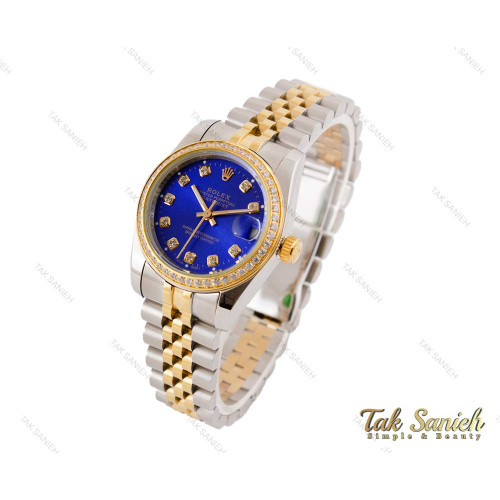 ساعت رولکس زنانه طلایی نقره ای نگین دار صفحه سرمه ای Rolex-3510-L