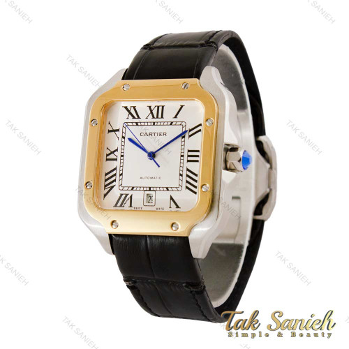 ساعت کارتیر سانتوس مردانه بند چرم دورنگ طلایی Cartier-4419-G