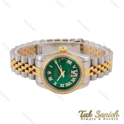 ساعت رولکس زنانه دیت جاست صفحه سبز اعداد یونانی نگین دار Rolex-4448-L