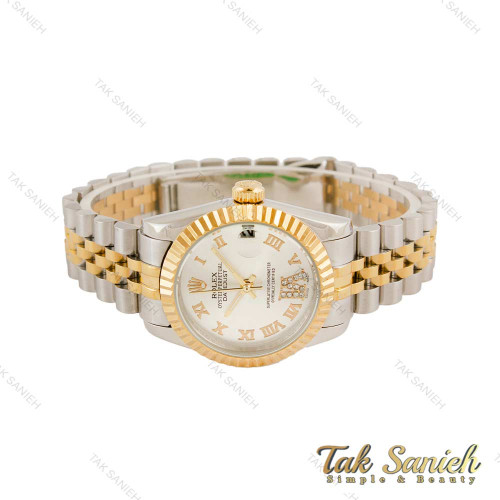 ساعت رولکس زنانه دورنگ طلایی صفحه نقره ای اعداد یونانی Rolex-4482-G ساعت رولکس زنانه دورنگ طلایی صفحه نقره ای اعداد یونانی Rolex-4482-G