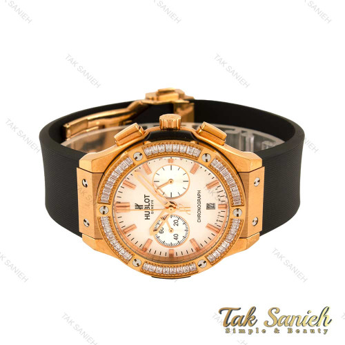 ساعت هابلوت زنانه سه موتوره نگین دار رزگلد صفحه سفید Hublot-4492-L
