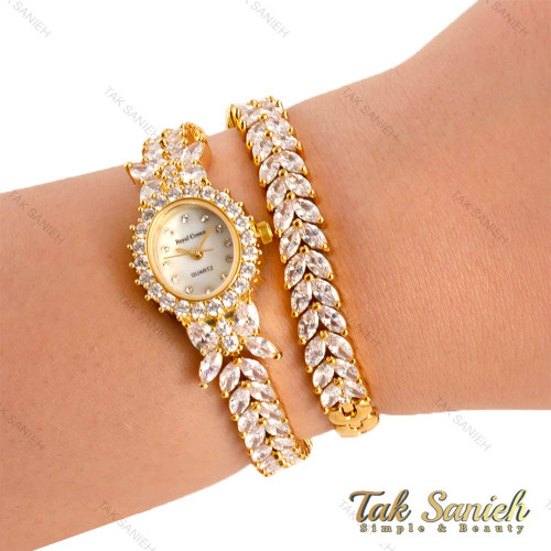 ساعت رویال کرون زنانه فول نگین مجلسی طلایی دو دور Royal-4501-L