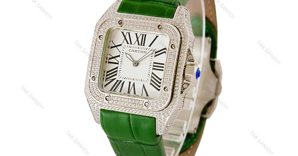 ساعت کارتیر زنانه دورنگین بند چرم سبز Cartier-4082-L