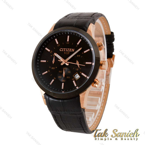ساعت سیتیزن مردانه سه موتوره رزگلد مشکی بند چرم Citizen-4881-G