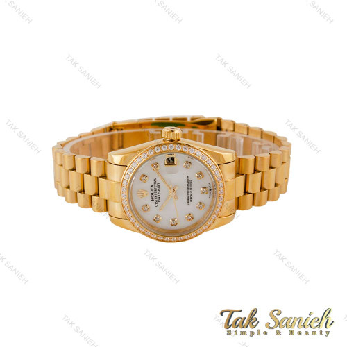 ساعت رولکس زنانه بند پرزیدنت طلایی صفحه سفید دورنگین Rolex-4957-L ساعت رولکس زنانه بند پرزیدنت طلایی صفحه سفید دورنگین Rolex-4957-L