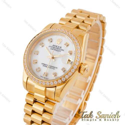 ساعت رولکس زنانه بند پرزیدنت طلایی صفحه سفید دورنگین Rolex-4957-L ساعت رولکس زنانه بند پرزیدنت طلایی صفحه سفید دورنگین Rolex-4957-L