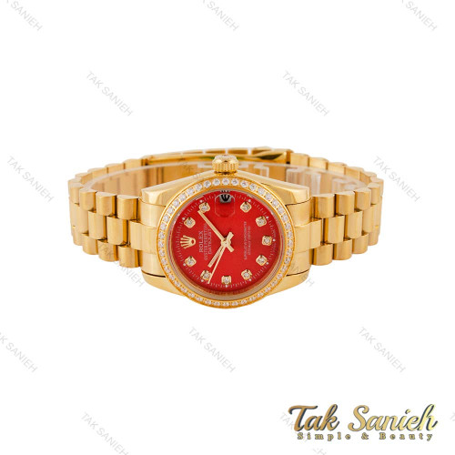 ساعت رولکس زنانه بند پرزیدنت طلایی صفحه قرمز دورنگین Rolex-4962-L ساعت رولکس زنانه بند پرزیدنت طلایی صفحه قرمز دورنگین Rolex-4962-L