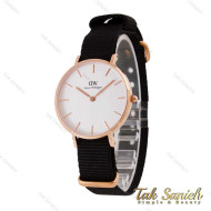ساعت دنیل ولینگتون زنانه رزگلد صفحه سفید بند برزنت مشکی DW-4970-L