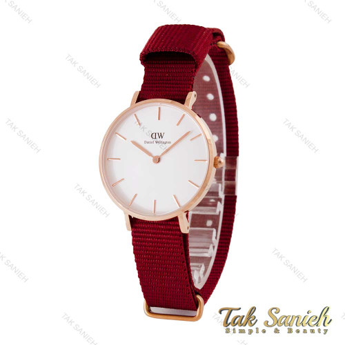 ساعت دنیل ولینگتون رزگلد صفحه سفید زنانه بند برزنت زرشکی DW-4978-L