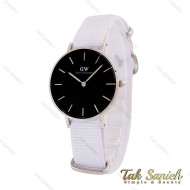 ساعت دنیل ولینگتون زنانه نقره ای صفحه مشکی بند برزنت سفید DW-4986-L