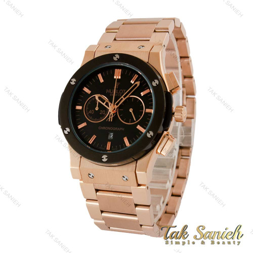 ساعت هابلوت مردانه سه موتوره بند استیل رزگلد زه و صفحه مشکی Hublot-5098-G