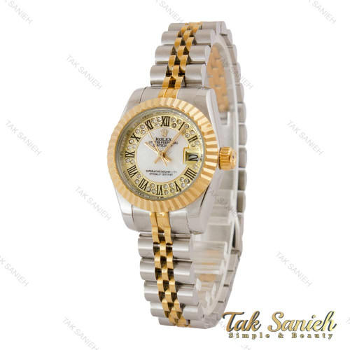 ساعت زنانه رولکس دورنگ طلایی صفحه سفید ایندکس رومی اسمال Rolex-5116-S-L