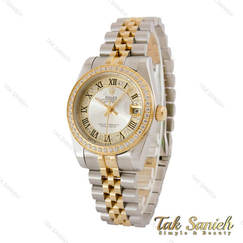 ساعت رولکس زنانه دورنگ طلایی دورنگین صفحه سیلور ایندکس رومی Rolex-5118-M-L ساعت رولکس زنانه دورنگ طلایی دورنگین صفحه سیلور ایندکس رومی Rolex-5118-M-L