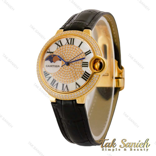 ساعت کارتیه بالن بلو زنانه فول نگین طلایی بند چرم مشکی Cartier-5266-L