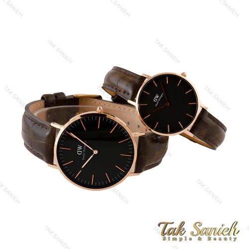 ساعت DW ست بند چرم قهوه ای سوخته صفحه مشکی DW-5301-S