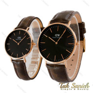 ساعت DW ست بند چرم قهوه ای سوخته صفحه مشکی DW-5301-S