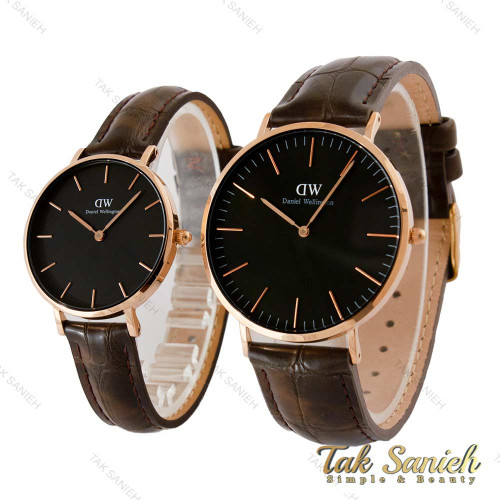 ساعت DW ست بند چرم قهوه ای سوخته صفحه مشکی DW-5301-S