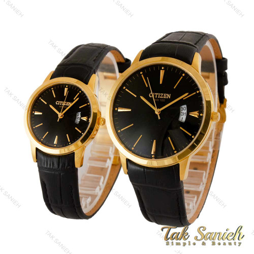 ساعت ست سیتیزن کلاسیک طلایی بند چرم مشکی Citizen-5318-S