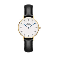 ساعت DW زنانه بند چرم طلایی مشکی صفحه سفید ایندکس یونانی DW-5506-L