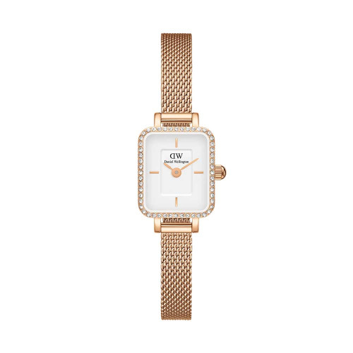 ساعت DW زنانه مستطیلی ظریف حصیری رزگلد صفحه سفید دورنگین DW-5512-L