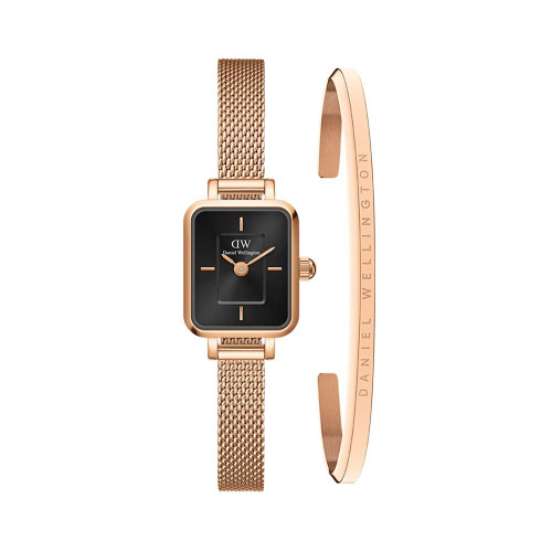 ست ساعت و دستبند DW زنانه مستطیلی ظریف رزگلد صفحه مشکی DW-5516-S-L