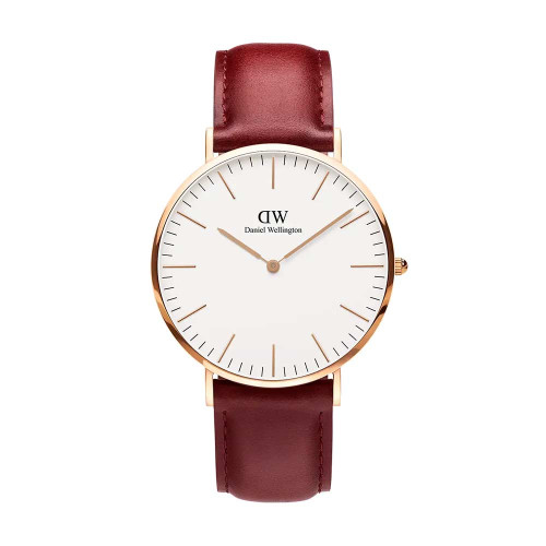 ساعت دنیل ولینگتون مردانه رزگلد بند چرم زرشکی DW-4692-G