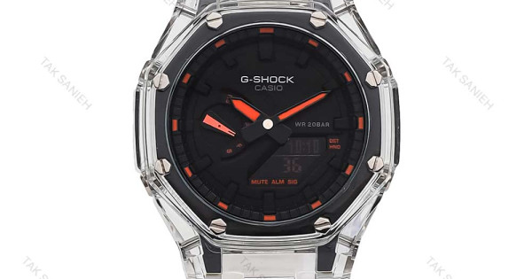 جی شاک GA2100 مردانه شیشه ای سفید عقربه نارنجی G-Shock-5850-G