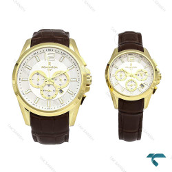 ساعت مچی رومانسون ست طلایی بند چرم قهوه ای Romanson-5940-S