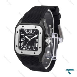 ساعت کارتیه سانتوس 100 زنانه مشکی نقره ای بند رابر Cartier-6367-L