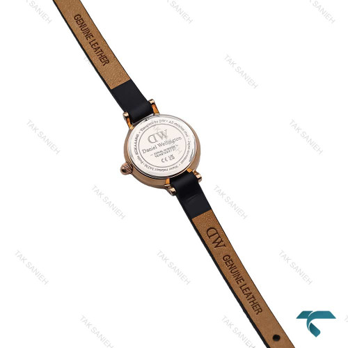 ساعت DW زنانه مینی گرد رزگلد بند چرم مشکی صفحه سفید DW-6769-L