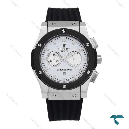 ساعت هابلوت مردانه نقره ای مشکی صفحه سفید Hublot-6794-L ساعت هابلوت مردانه نقره ای مشکی صفحه سفید Hublot-6794-L