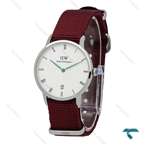 ساعت مچی DW نقره ای صفحه سفید بند برزنت زرشکی مدیوم DW-7231-L