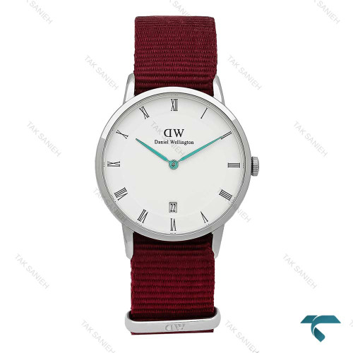 ساعت مچی DW نقره ای صفحه سفید بند برزنت زرشکی مدیوم DW-7231-L