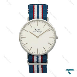 ساعت مچی دنیل ولینگتون مردانه سیلور بند برزنتی آبی قرمز سفید DW-7233-G