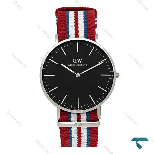ساعت مچی مردانه DW رزگلد صفحه مشکی بند برزنتی قرمز آبی سفید DW-7235-G ساعت مچی مردانه DW رزگلد صفحه مشکی بند برزنتی قرمز آبی سفید DW-7235-G