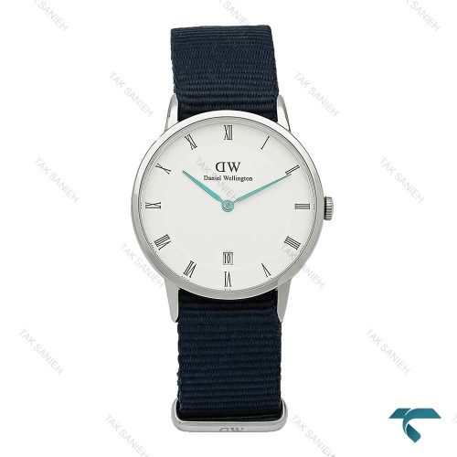 ساعت دنیل ولینگتون نقره ای صفحه سفید بند برزنت سرمه ای مدیوم DW-7238-L