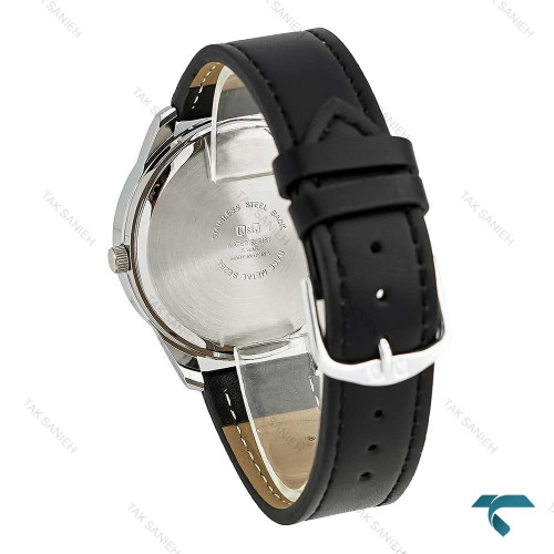 ساعت مردانه کیو اند کیو دو تقویمه صفحه سفید بند چرم مشکی شیک مناسب روزمره و رسمی مدل QQ-7769-G