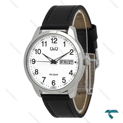 ساعت مردانه کیو اند کیو دو تقویمه صفحه سفید بند چرم مشکی شیک مناسب روزمره و رسمی مدل QQ-7769-G