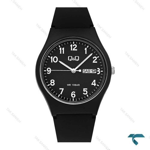 ساعت مچی مردانه کیو اند کیو مدل QQ-7780-G با طراحی مشکی و دو تقویم مناسب استایل رسمی و روزمره
