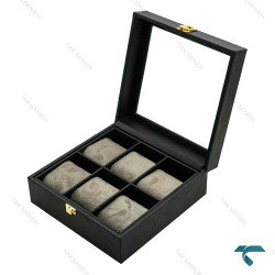 جعبه ساعت 6 تایی چرمی مشکی طوسی Watches-Box-6-7813-U