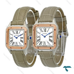 ساعت ست کارتیه سانتوس دومونت دورنگ رزگلد بند طوسی Cartier-7918-S