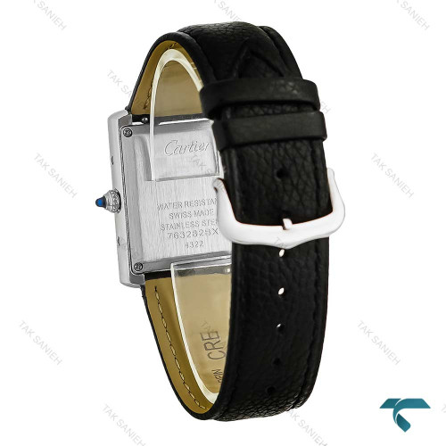 ساعت کارتیه تانک زنانه نقره ای بند چرم مشکی متوسط Cartier-7921-L