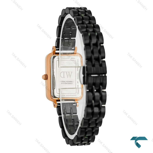 ساعت مستطیلی دنیل ولینگتون زنانه رزگلدمشکی ایندکس خط DW-8018-L