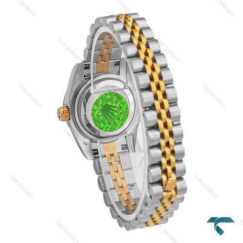 ساعت رولکس دیت جاست زنانه دورنگ طلایی صفحه سبز دورنگین اسمال Rolex-8252-L