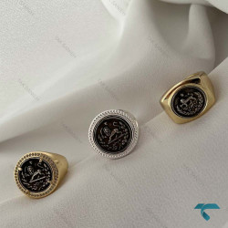 انگشتر طرح سکه ایی طلایی و نقره ایی مشکی گرد Ring-8687-L 