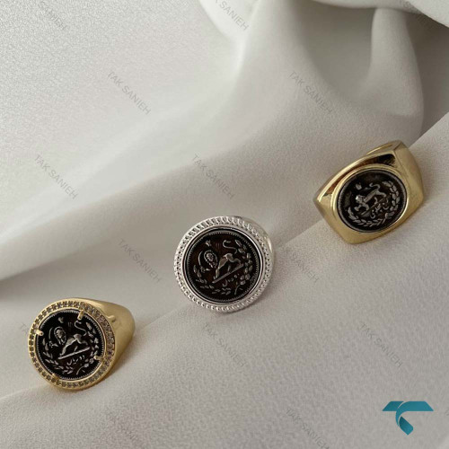 انگشتر طرح سکه ایی طلایی و نقره ایی مشکی گرد Ring-8687-L