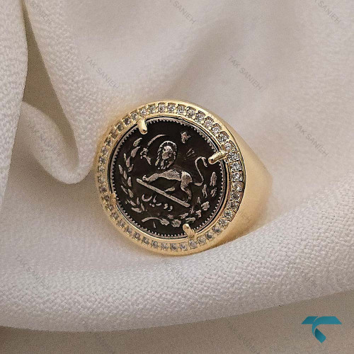 انگشتر طرح سکه ایی طلایی و نقره ایی مشکی گرد Ring-8687-L