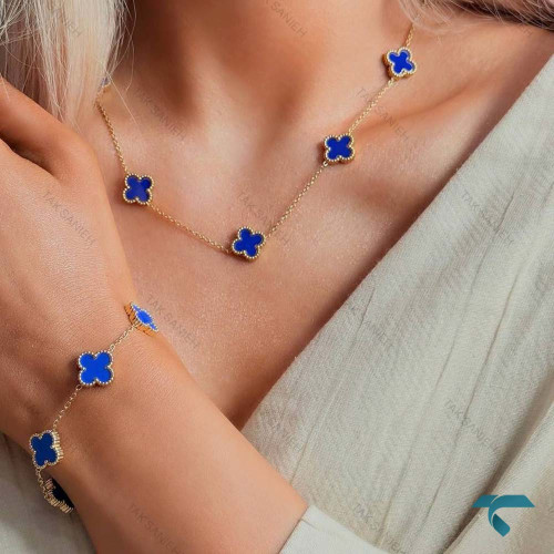 ست دستبند و گردنبند ونکلیف طلایی آبی Set-8714-L