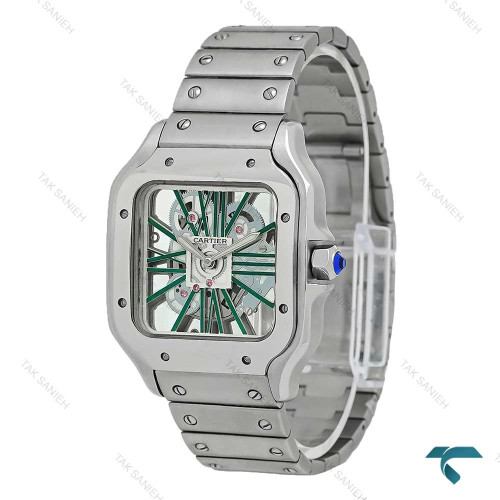 ساعت کارتیه Santos De Cartier مردانه نقره ای اسکلتون سبز Cartier-7427-G