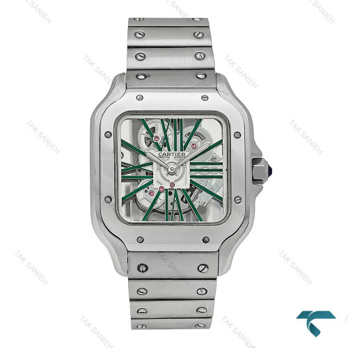 ساعت کارتیه Santos De Cartier مردانه نقره ای اسکلتون سبز Cartier-7427-G ساعت کارتیه Santos De Cartier مردانه نقره ای اسکلتون سبز Cartier-7427-G